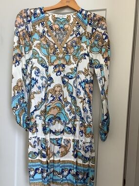 Hale Bob White Dress with Blue and Gold Paisley Print